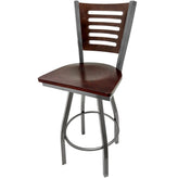 5 line wood back barstool with clear coat swivel frame