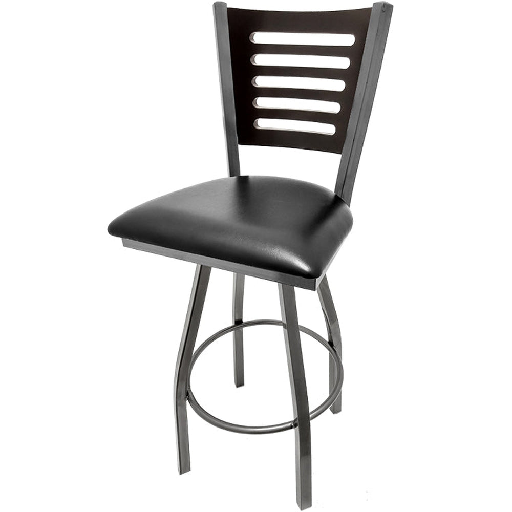 5 line wood back barstool with clear coat swivel frame