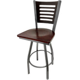 5 line wood back barstool with clear coat swivel frame