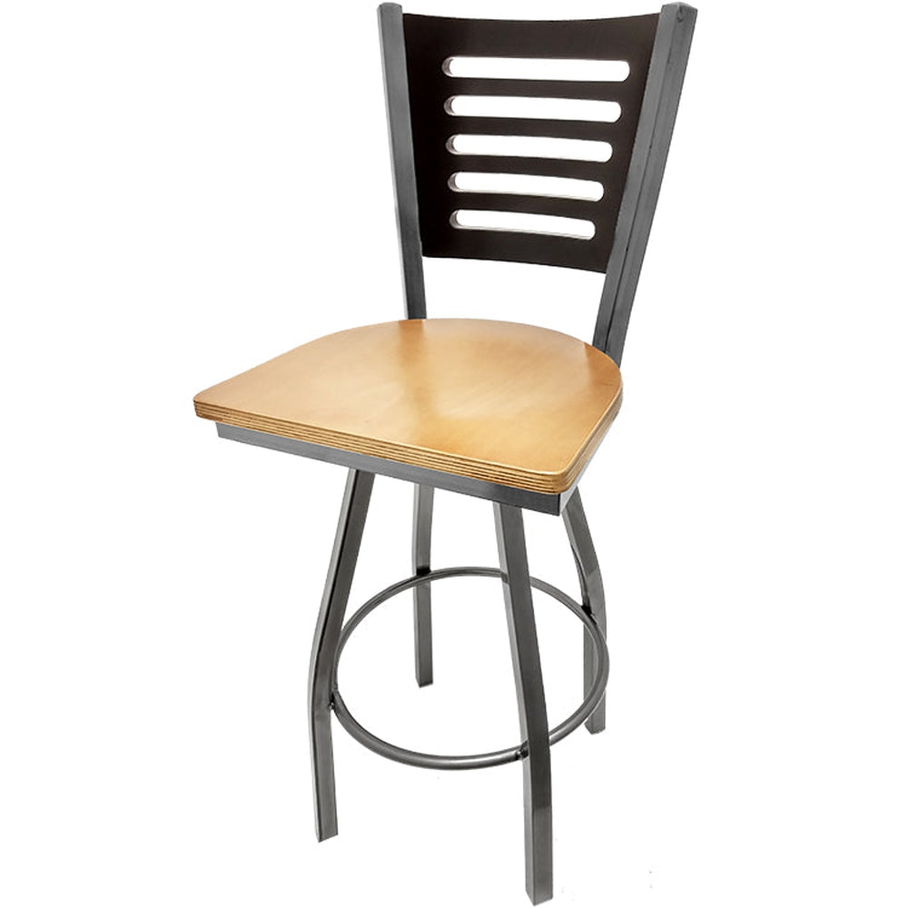 5 line wood back barstool with clear coat swivel frame