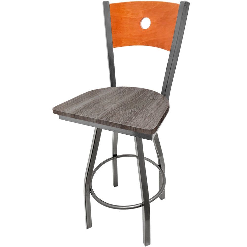 bullseye wood back barstool with clear coat swivel frame