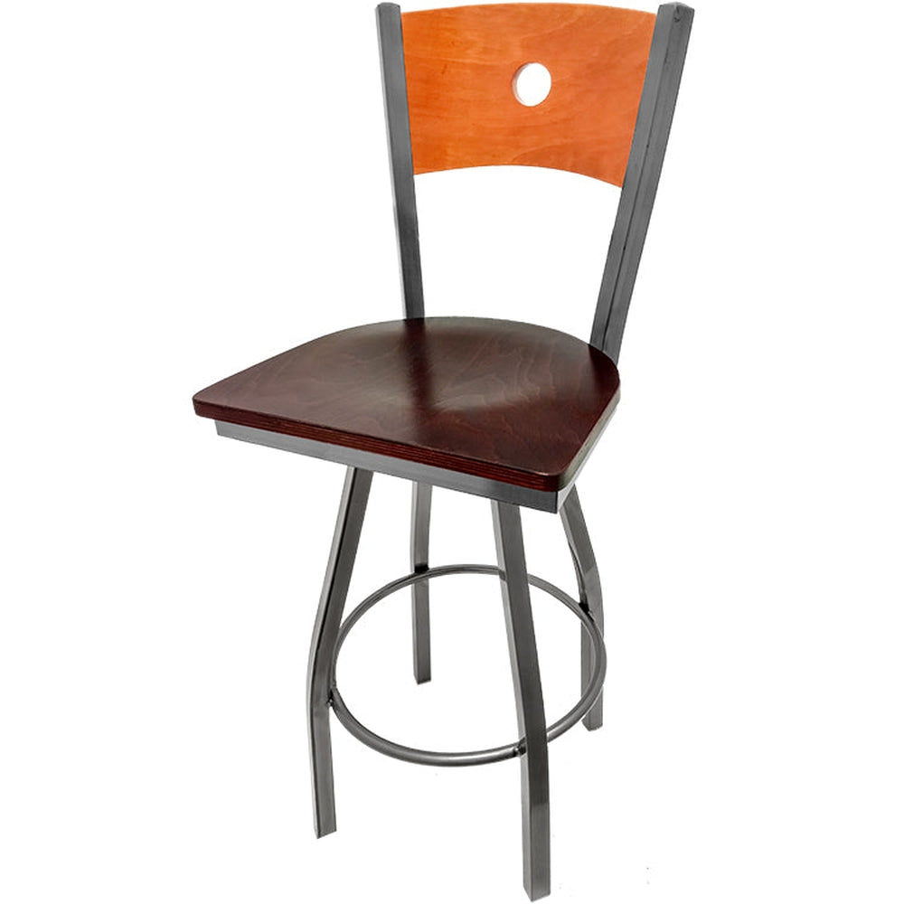 bullseye wood back barstool with clear coat swivel frame