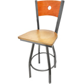 bullseye wood back barstool with clear coat swivel frame