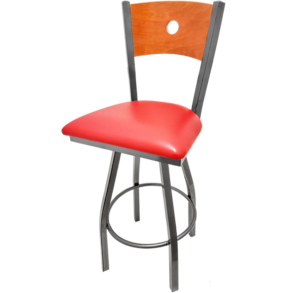 bullseye wood back barstool with clear coat swivel frame