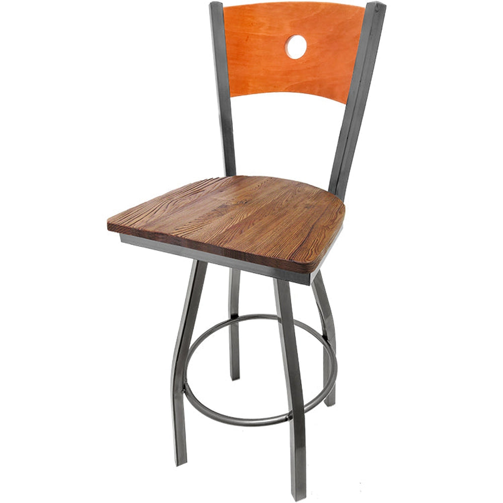 bullseye wood back barstool with clear coat swivel frame