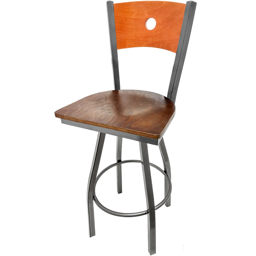 bullseye wood back barstool with clear coat swivel frame