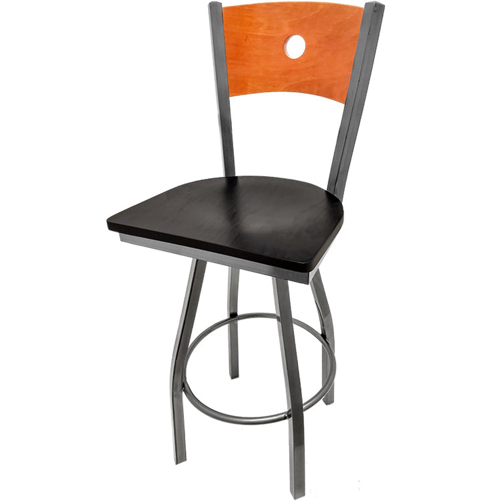 bullseye wood back barstool with clear coat swivel frame