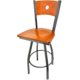 bullseye wood back barstool with clear coat swivel frame