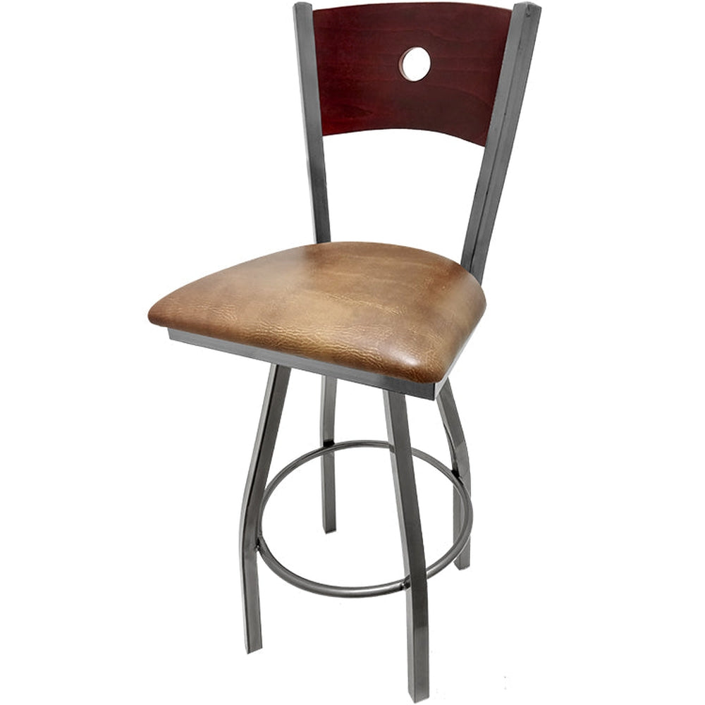 bullseye wood back barstool with clear coat swivel frame