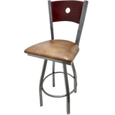 bullseye wood back barstool with clear coat swivel frame