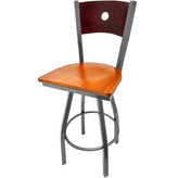 bullseye wood back barstool with clear coat swivel frame