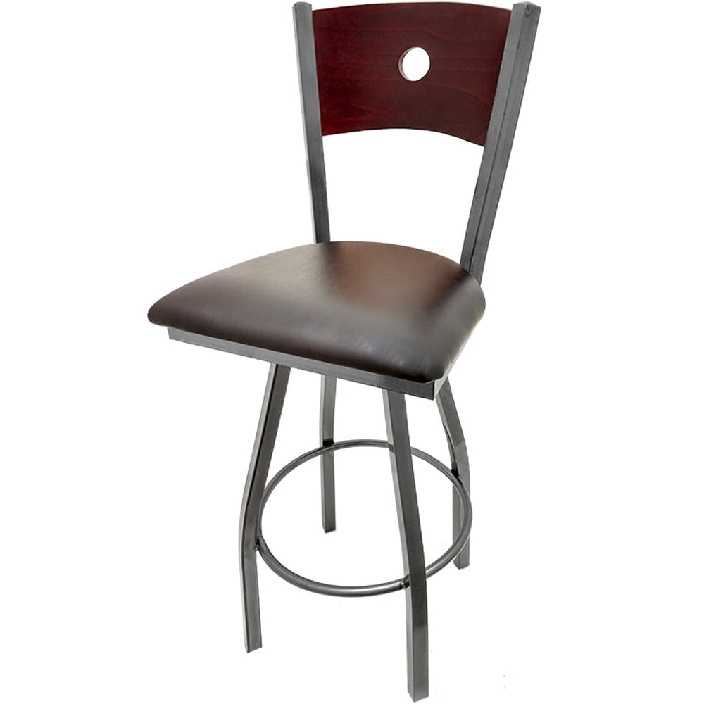 bullseye wood back barstool with clear coat swivel frame