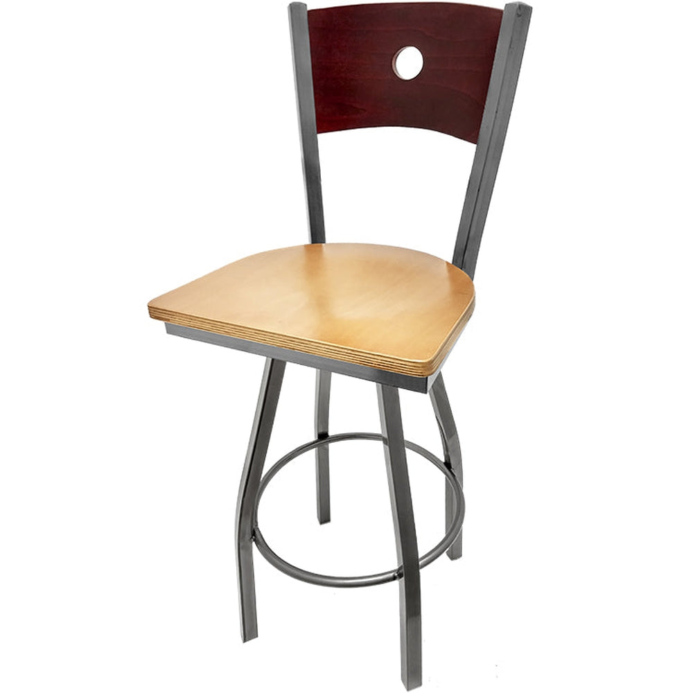 bullseye wood back barstool with clear coat swivel frame