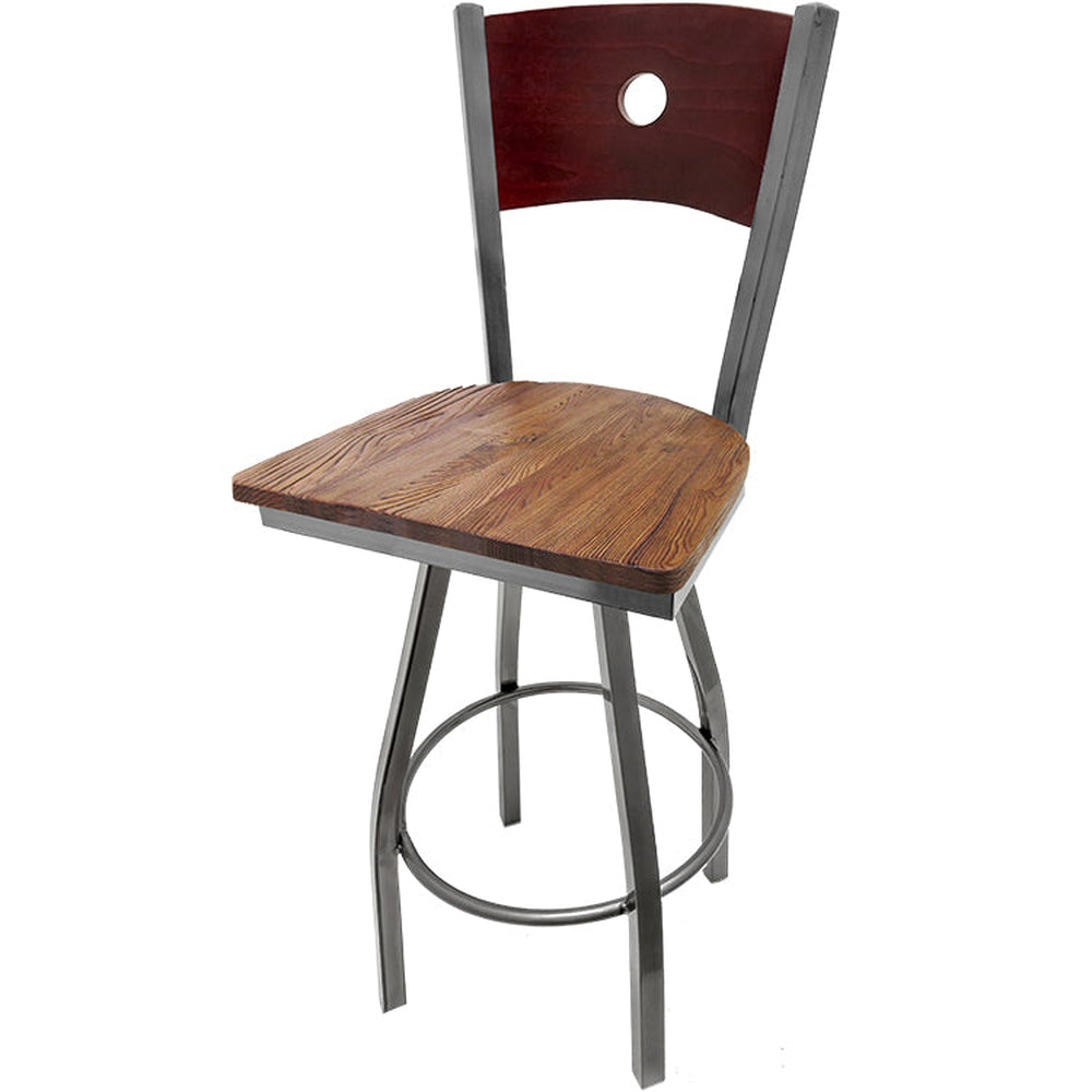 bullseye wood back barstool with clear coat swivel frame