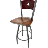 bullseye wood back barstool with clear coat swivel frame