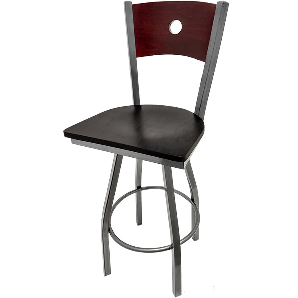 bullseye wood back barstool with clear coat swivel frame