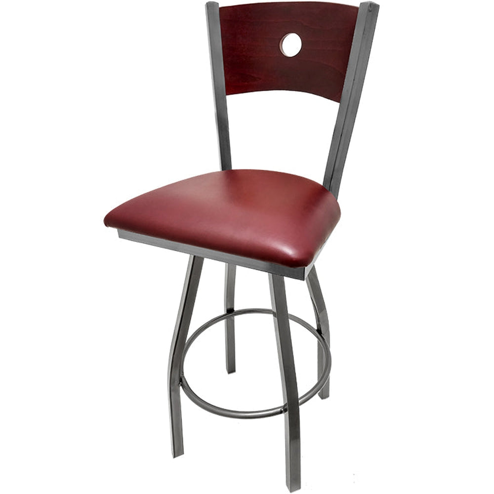 bullseye wood back barstool with clear coat swivel frame