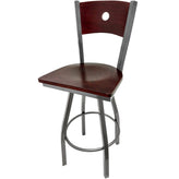 bullseye wood back barstool with clear coat swivel frame