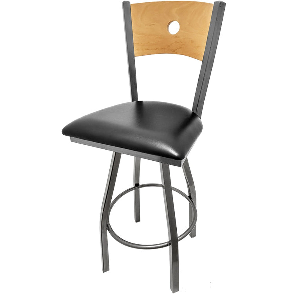 bullseye wood back barstool with clear coat swivel frame