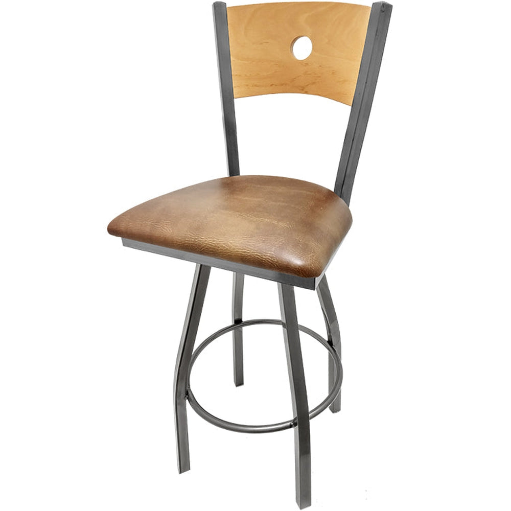 bullseye wood back barstool with clear coat swivel frame