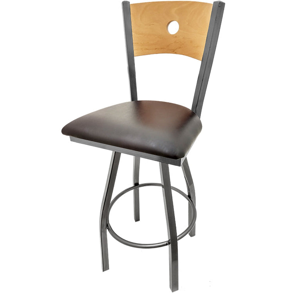 bullseye wood back barstool with clear coat swivel frame