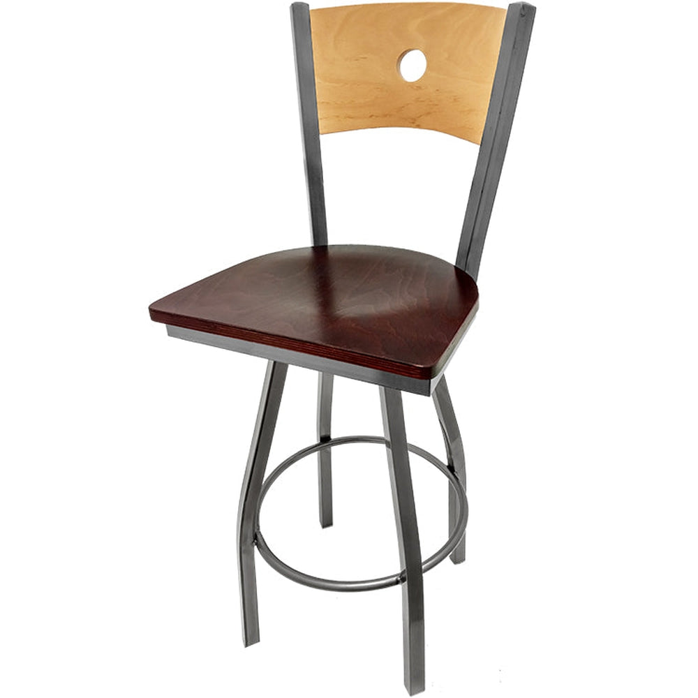 bullseye wood back barstool with clear coat swivel frame