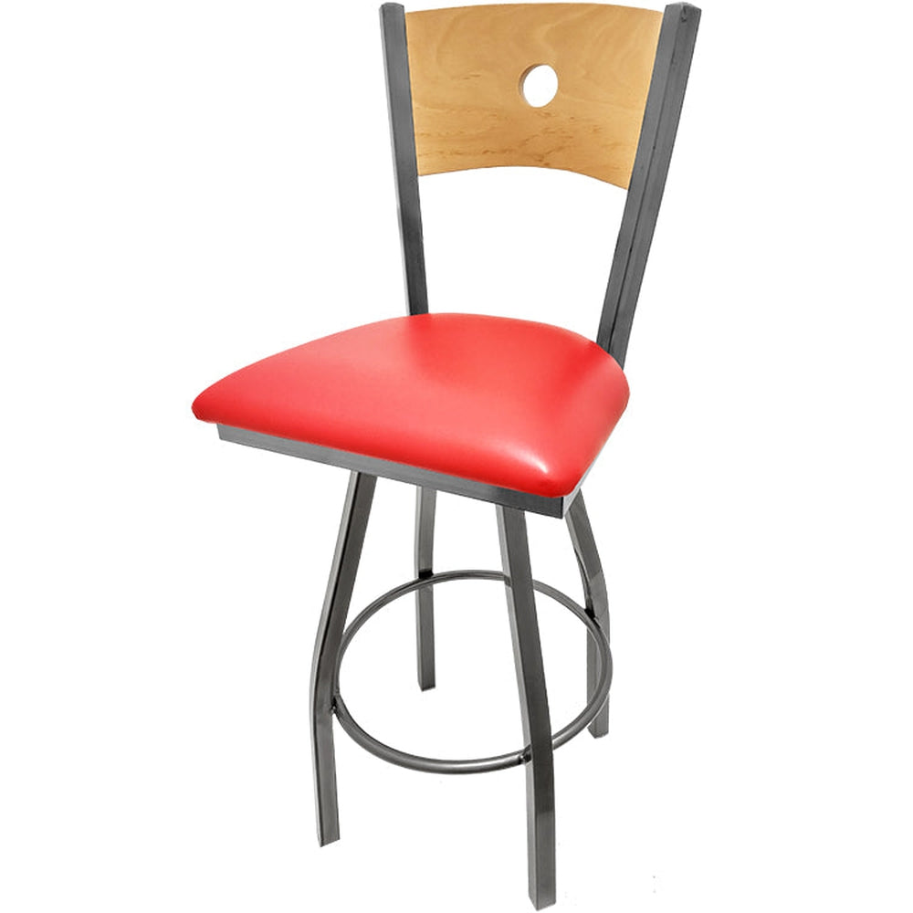 bullseye wood back barstool with clear coat swivel frame