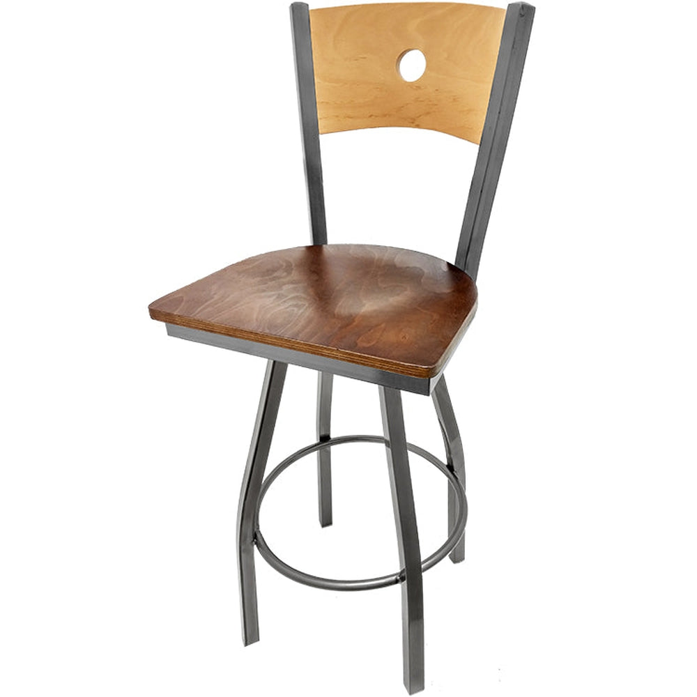 bullseye wood back barstool with clear coat swivel frame