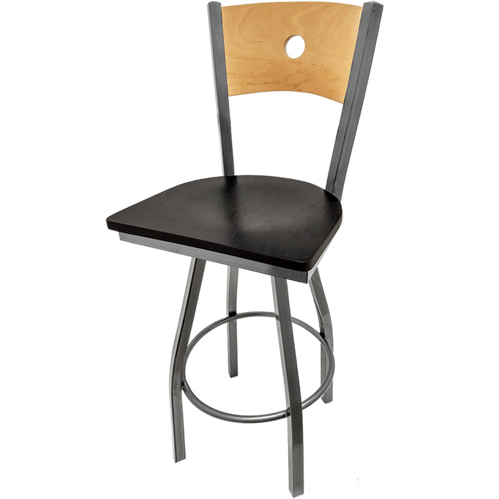 bullseye wood back barstool with clear coat swivel frame