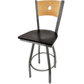 bullseye wood back barstool with clear coat swivel frame