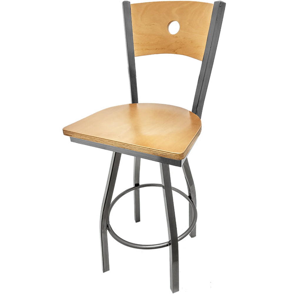 bullseye wood back barstool with clear coat swivel frame