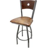 bullseye wood back barstool with clear coat swivel frame