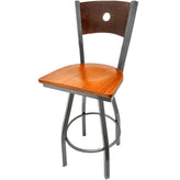 bullseye wood back barstool with clear coat swivel frame