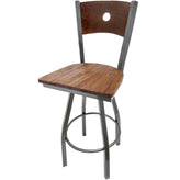 bullseye wood back barstool with clear coat swivel frame