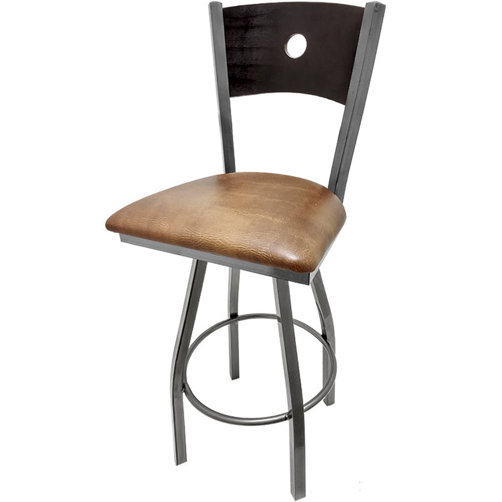 bullseye wood back barstool with clear coat swivel frame