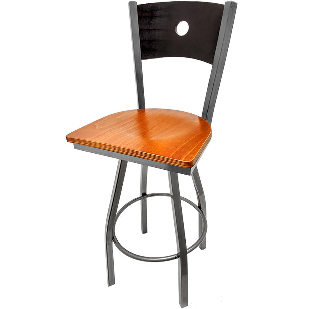 bullseye wood back barstool with clear coat swivel frame