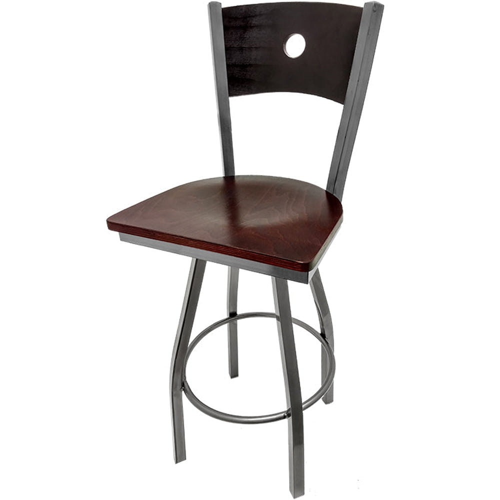 bullseye wood back barstool with clear coat swivel frame