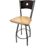 bullseye wood back barstool with clear coat swivel frame