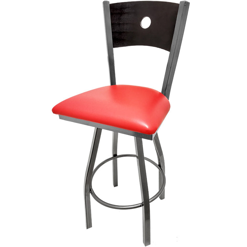 bullseye wood back barstool with clear coat swivel frame