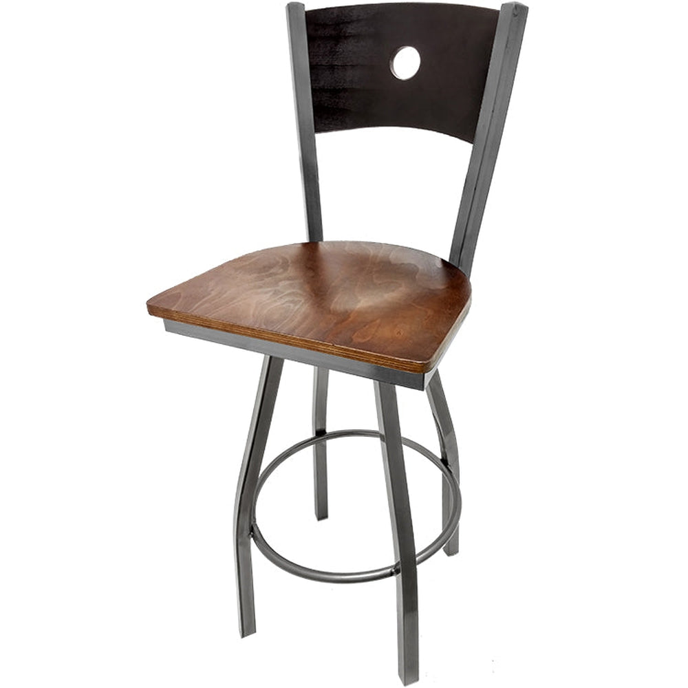 bullseye wood back barstool with clear coat swivel frame