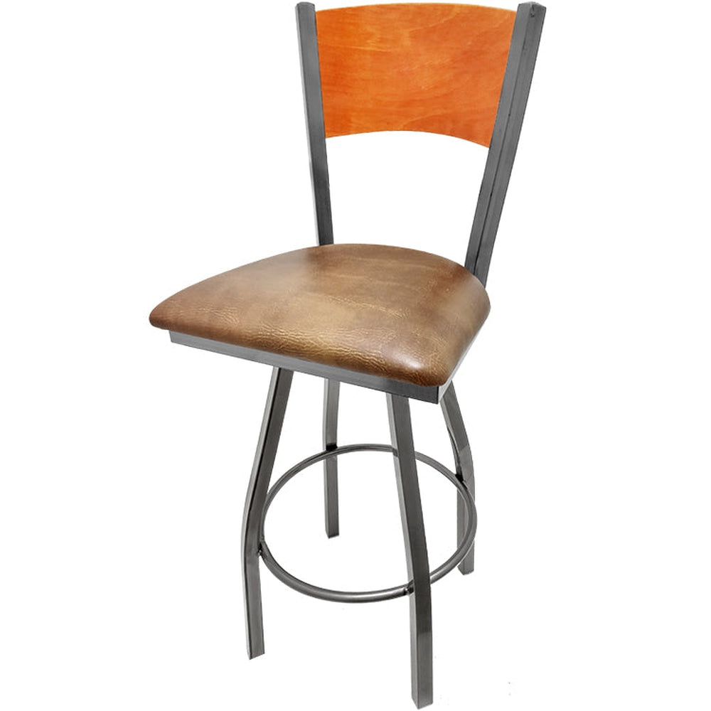 plain wood back barstool with clear coat swivel frame