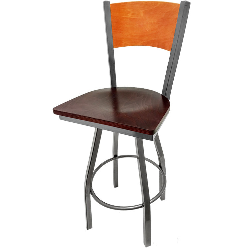 plain wood back barstool with clear coat swivel frame