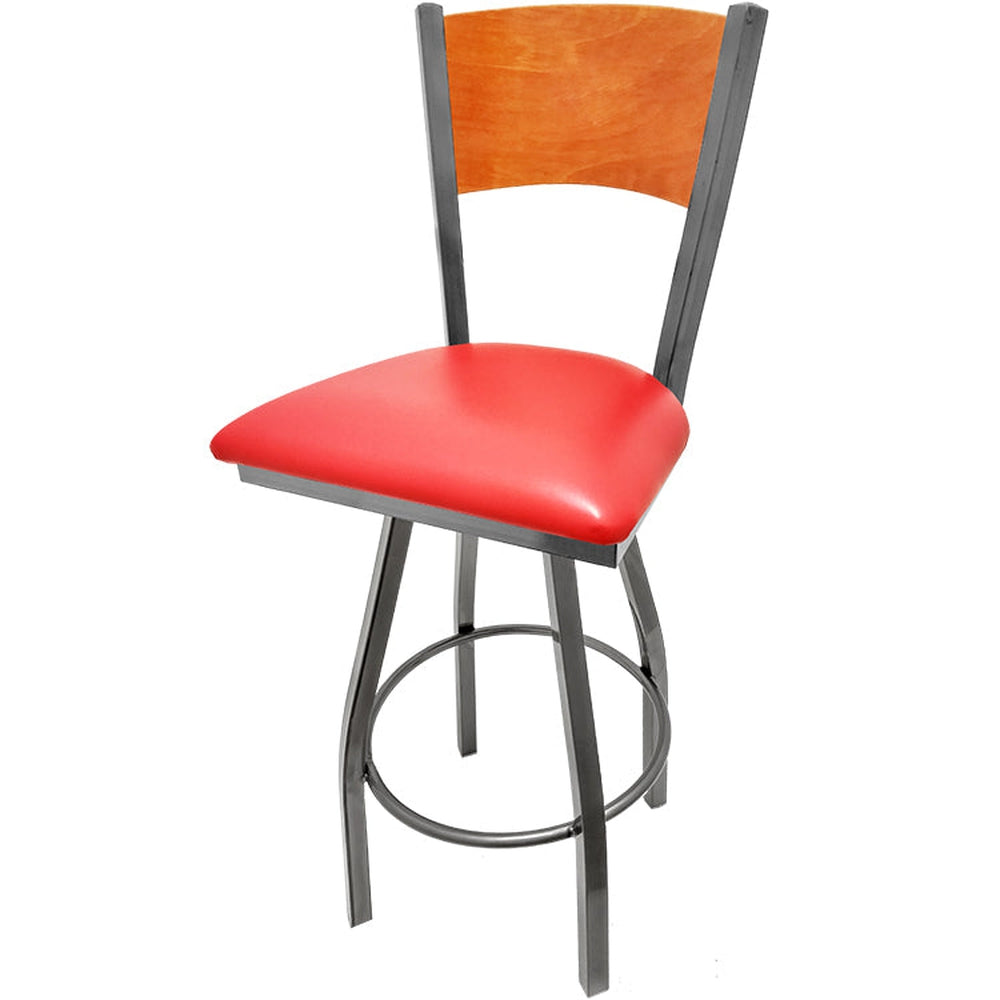 plain wood back barstool with clear coat swivel frame