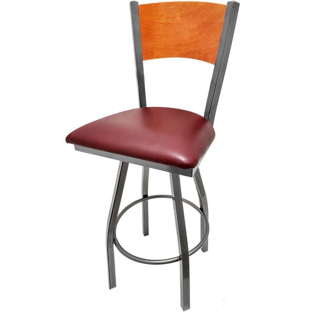 plain wood back barstool with clear coat swivel frame