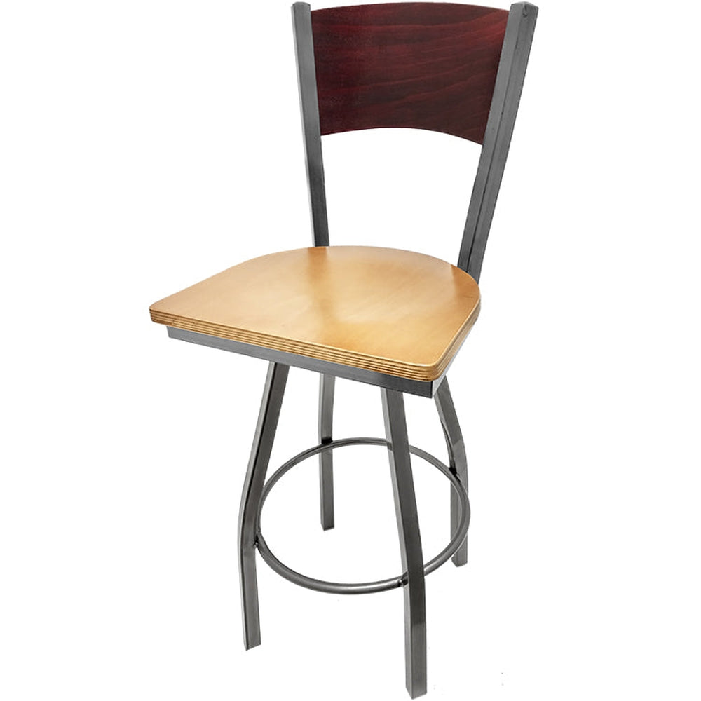 plain wood back barstool with clear coat swivel frame