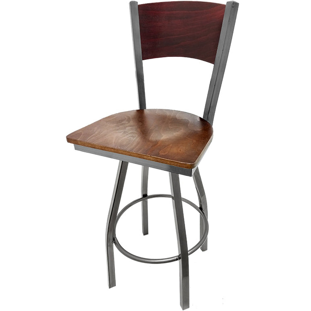 plain wood back barstool with clear coat swivel frame