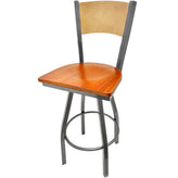 plain wood back barstool with clear coat swivel frame