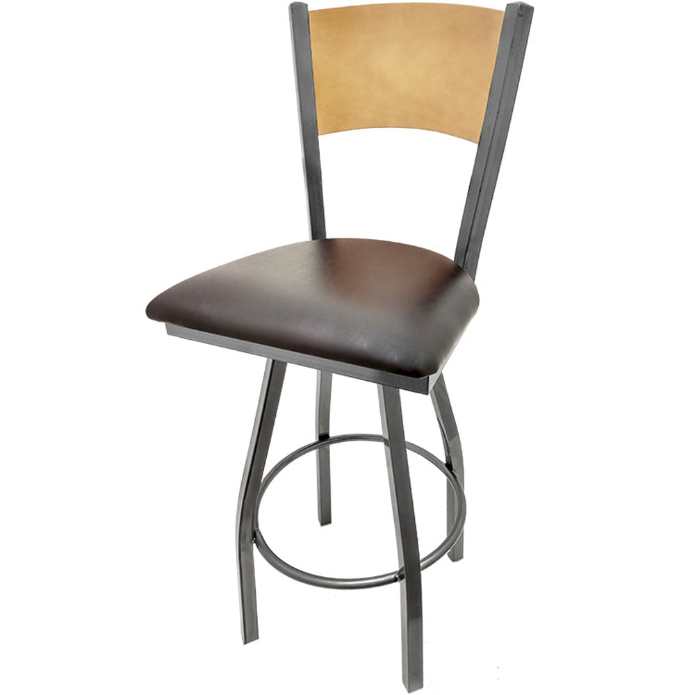 plain wood back barstool with clear coat swivel frame