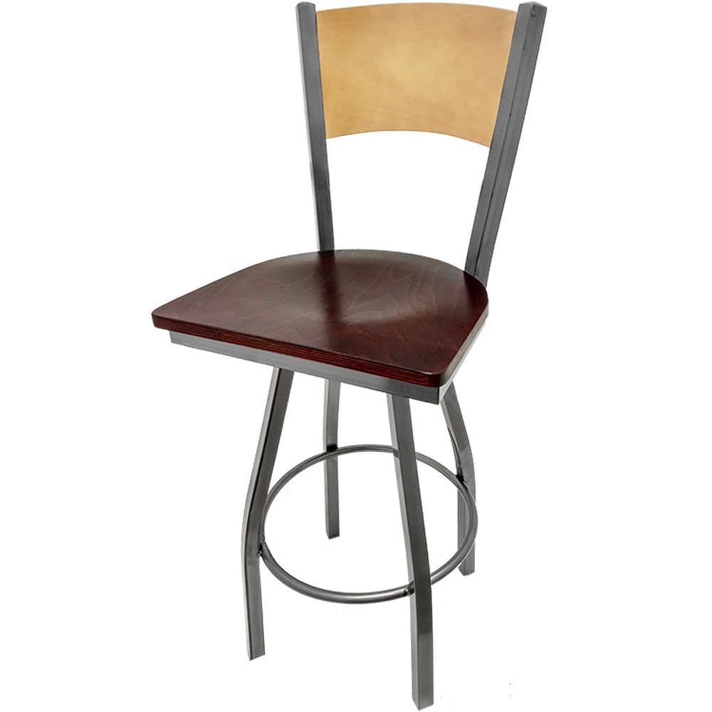 plain wood back barstool with clear coat swivel frame