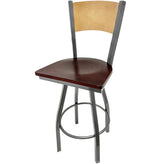 plain wood back barstool with clear coat swivel frame